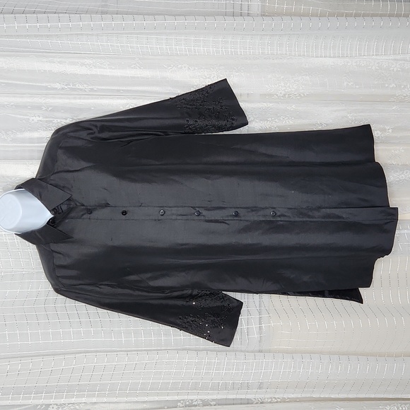 Black 100% Silk Beaded 3/4 Sleeve Fitted Button Down Lined Tunic Sz6 - Picture 1 of 12